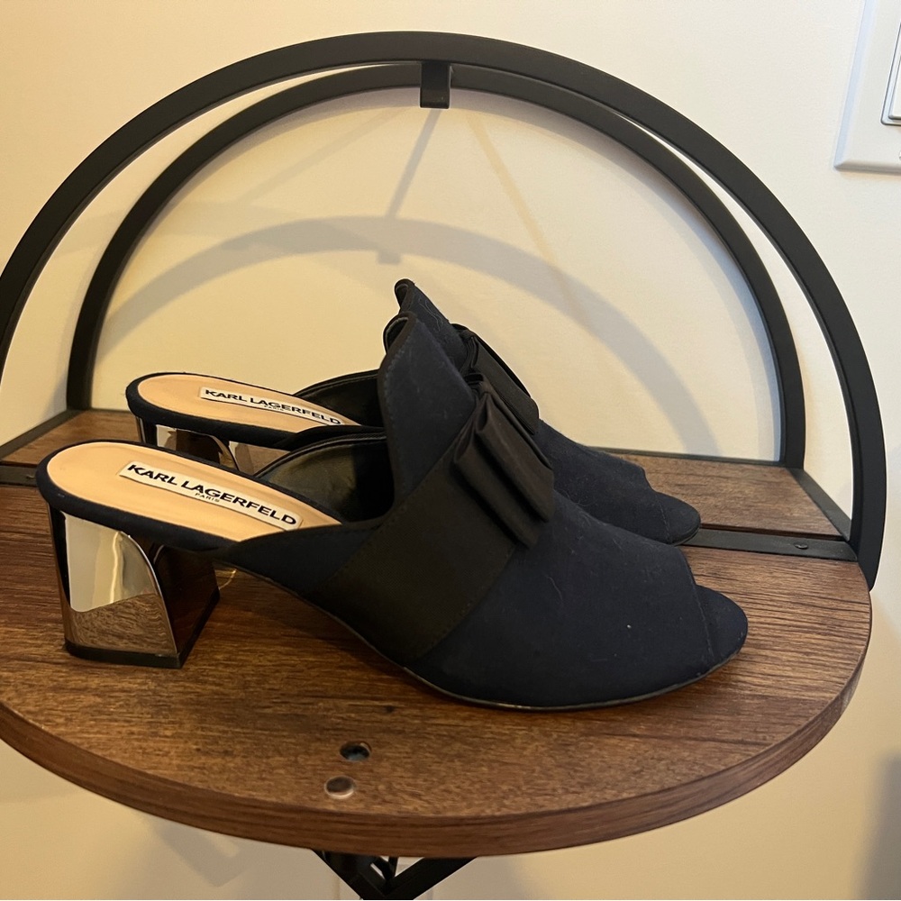 Karl Lagerfeld Black Open-Toe Mules with Mirror Block Heel